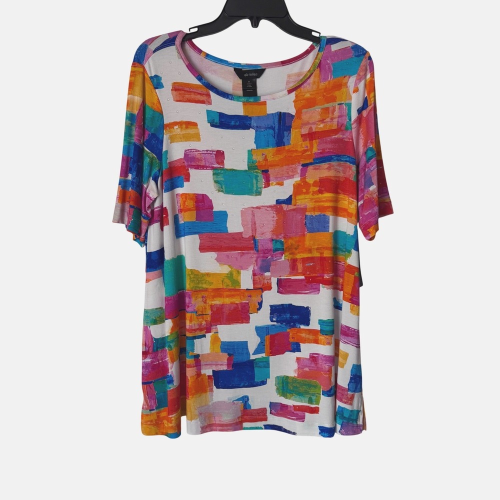 Ali Miles Women Abstract Paint Pullover Short Sleeve Top Tunic Size M